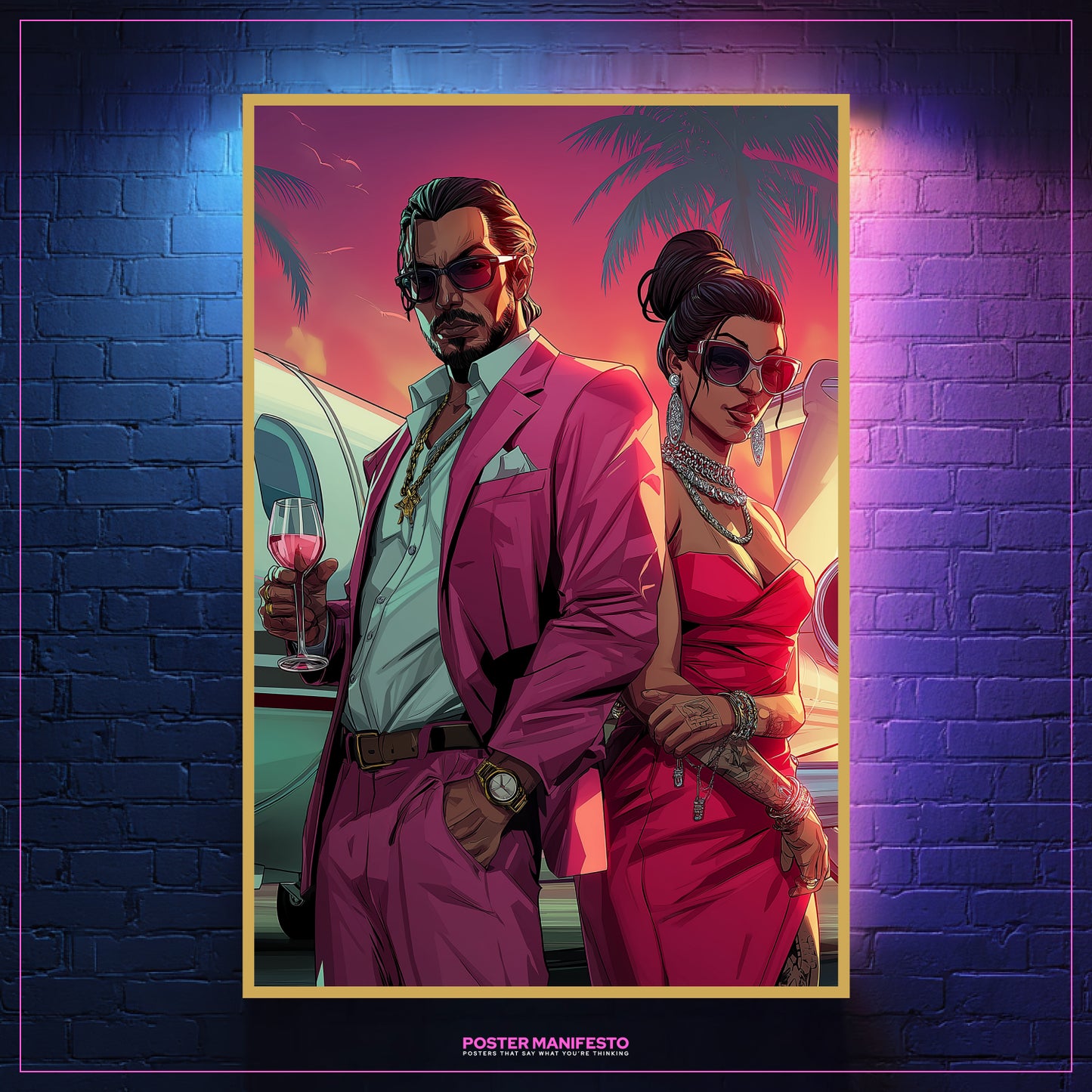Bold Jetset Lovers poster showing stylish couple with jewelry, jet, and palm trees.