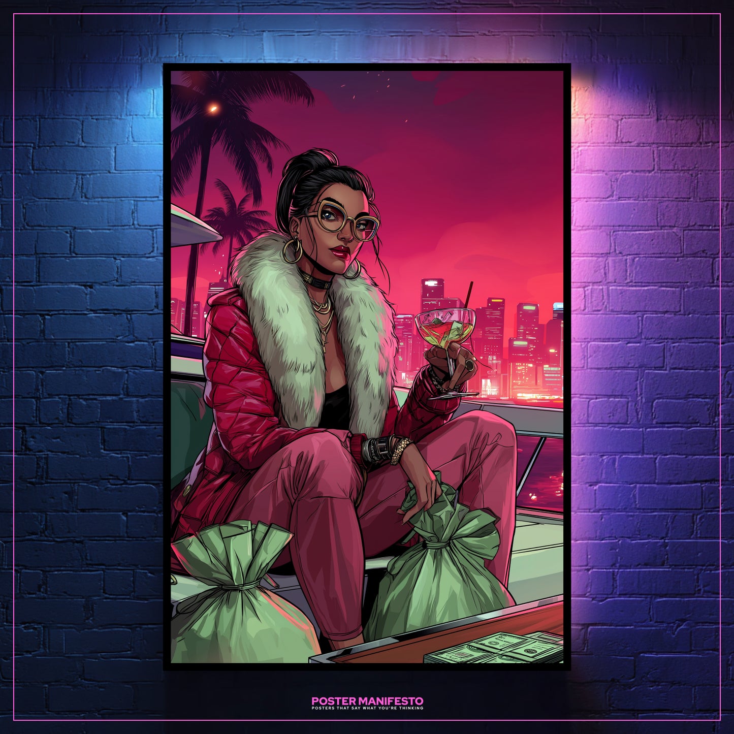Framed poster of a stylish woman in a cityscape with neon lights.