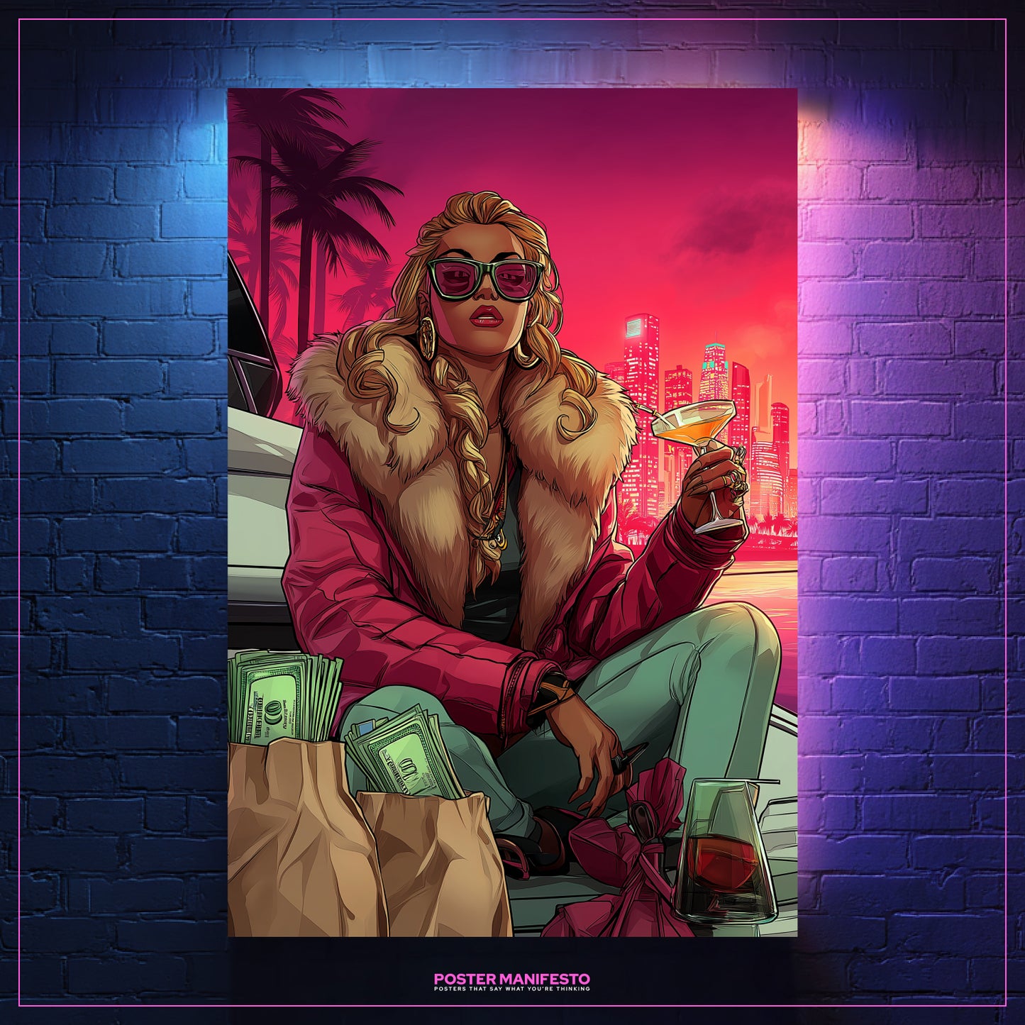 Neon hustle artwork featuring glamorous woman surrounded by money and nightlife energy.