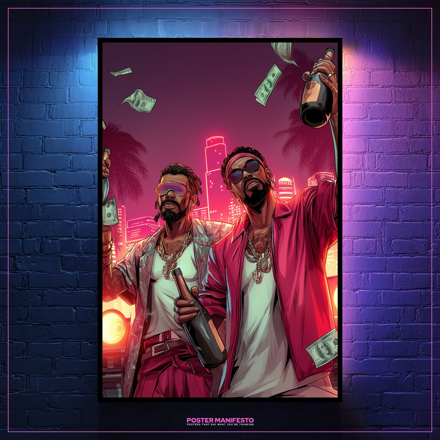 Framed artwork of two men in stylish outfits with a cityscape background, displayed on a brick wall.