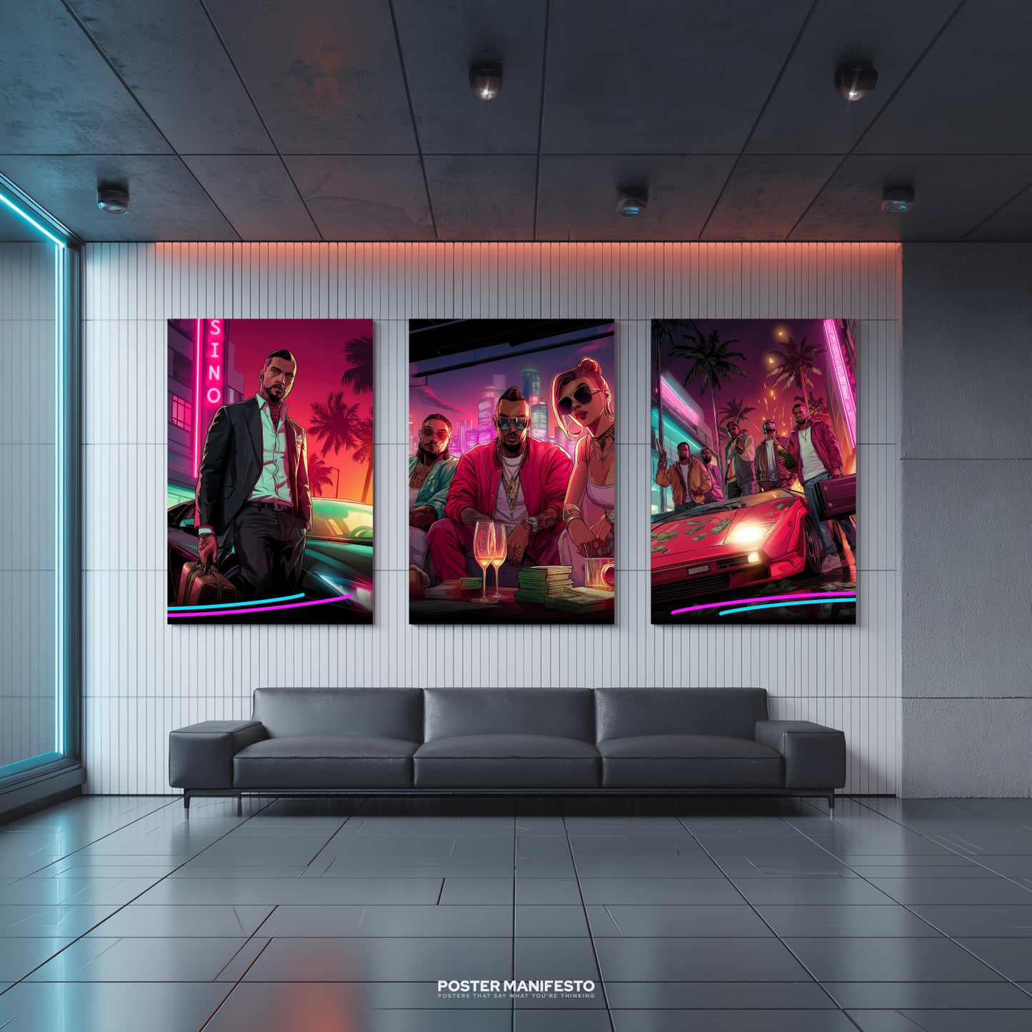 Triptych poster set showing three neon gangster city scenes with luxury cars, cash, and bold characters.