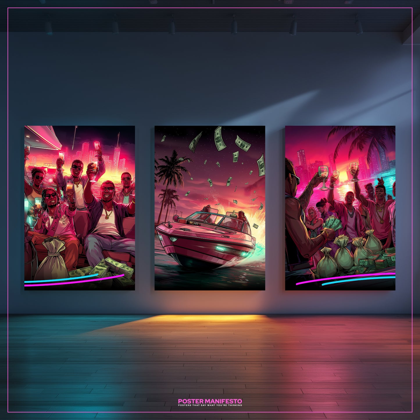 Empire on the Water triptych wall art featuring a yacht speeding across the water with money flying, neon sunset skies, and Miami palm silhouettes in cinematic style.