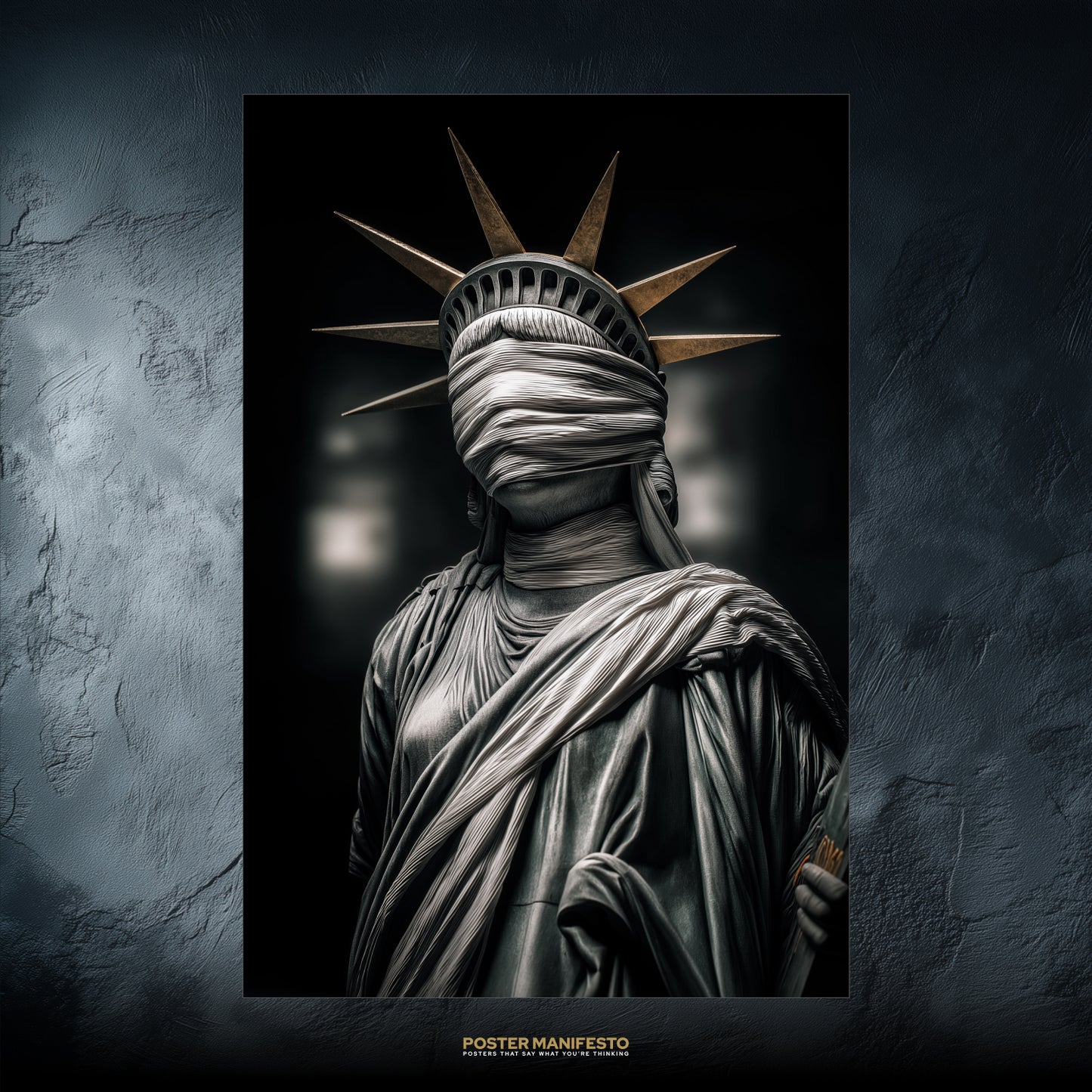 Poster of the Statue of Liberty reimagined with eyes covered in dramatic cinematic detail.