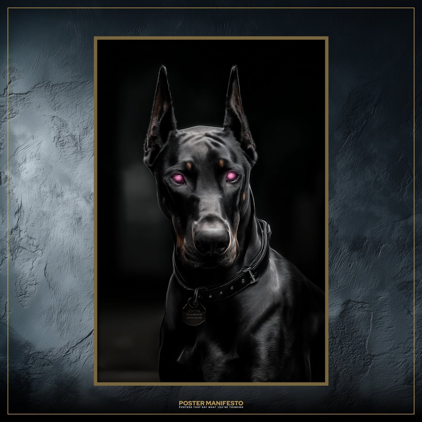 Bold futuristic dog wall decor featuring a cybernetic-looking Doberman with chrome textures and glowing purple gaze.