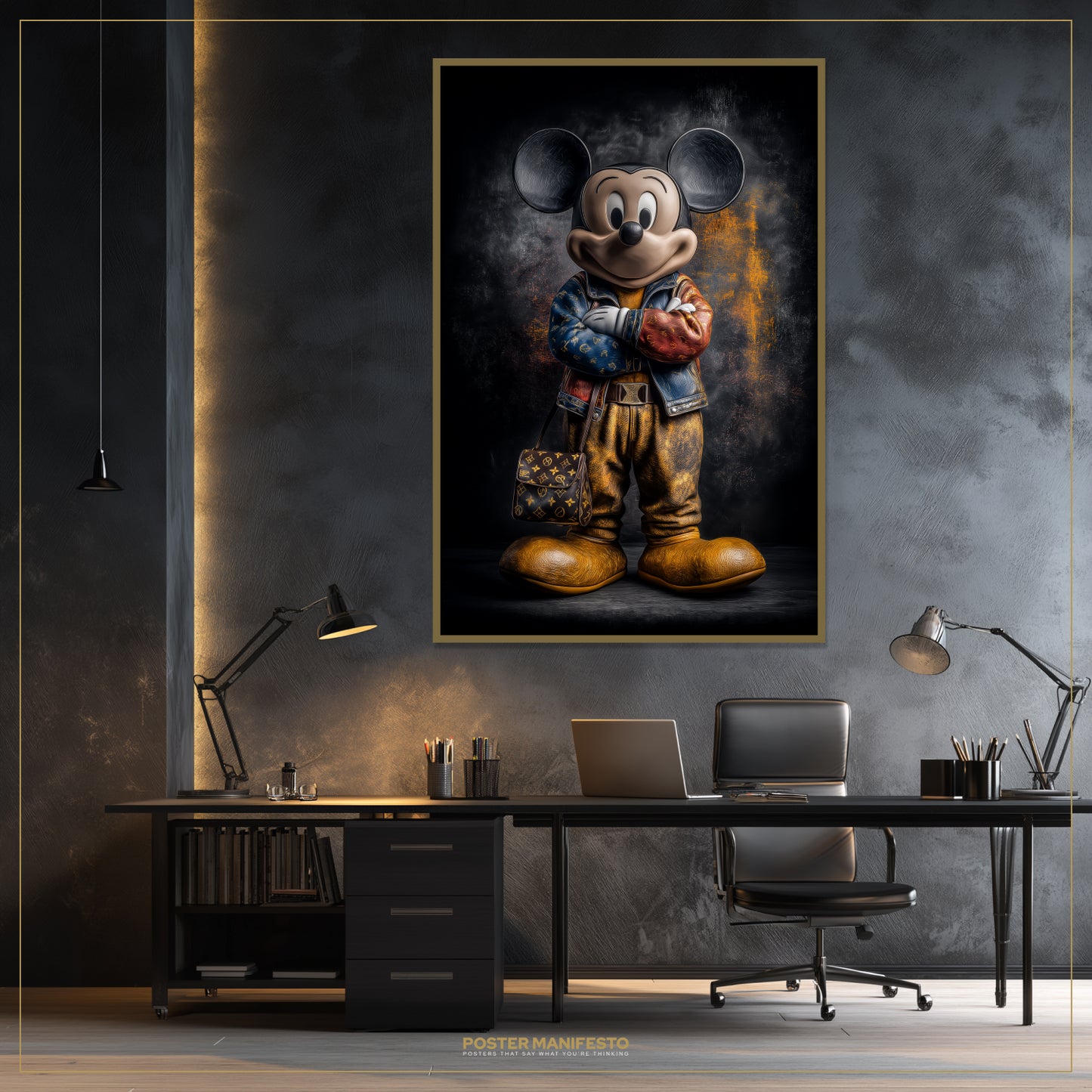 Modern office with a framed artwork of a character on the wall, featuring a desk with a laptop and office supplies.