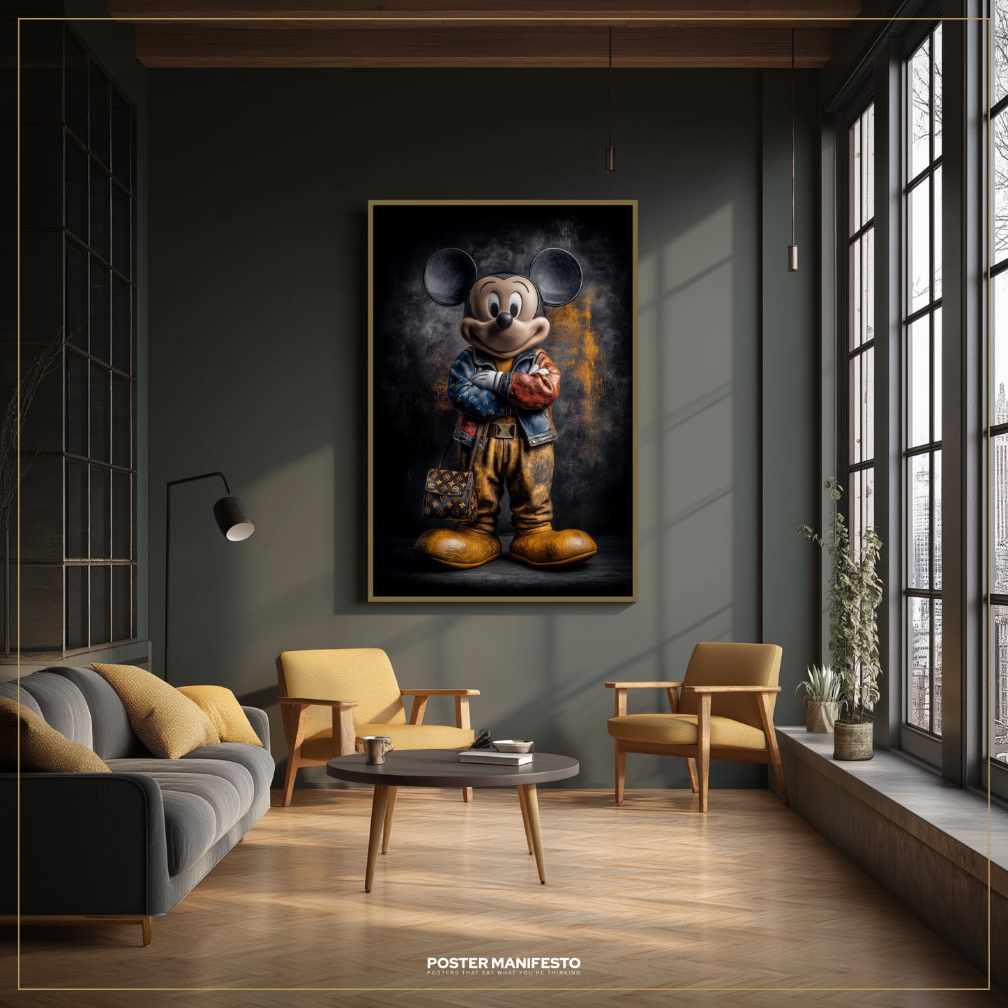Modern living room with a large framed poster of a stylized character on the wall.