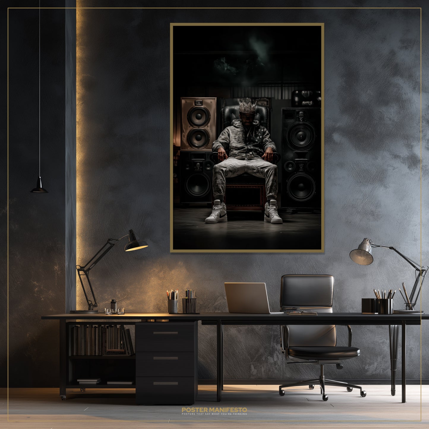 Modern office setup with a large framed poster on the wall, featuring a person sitting in front of audio equipment.