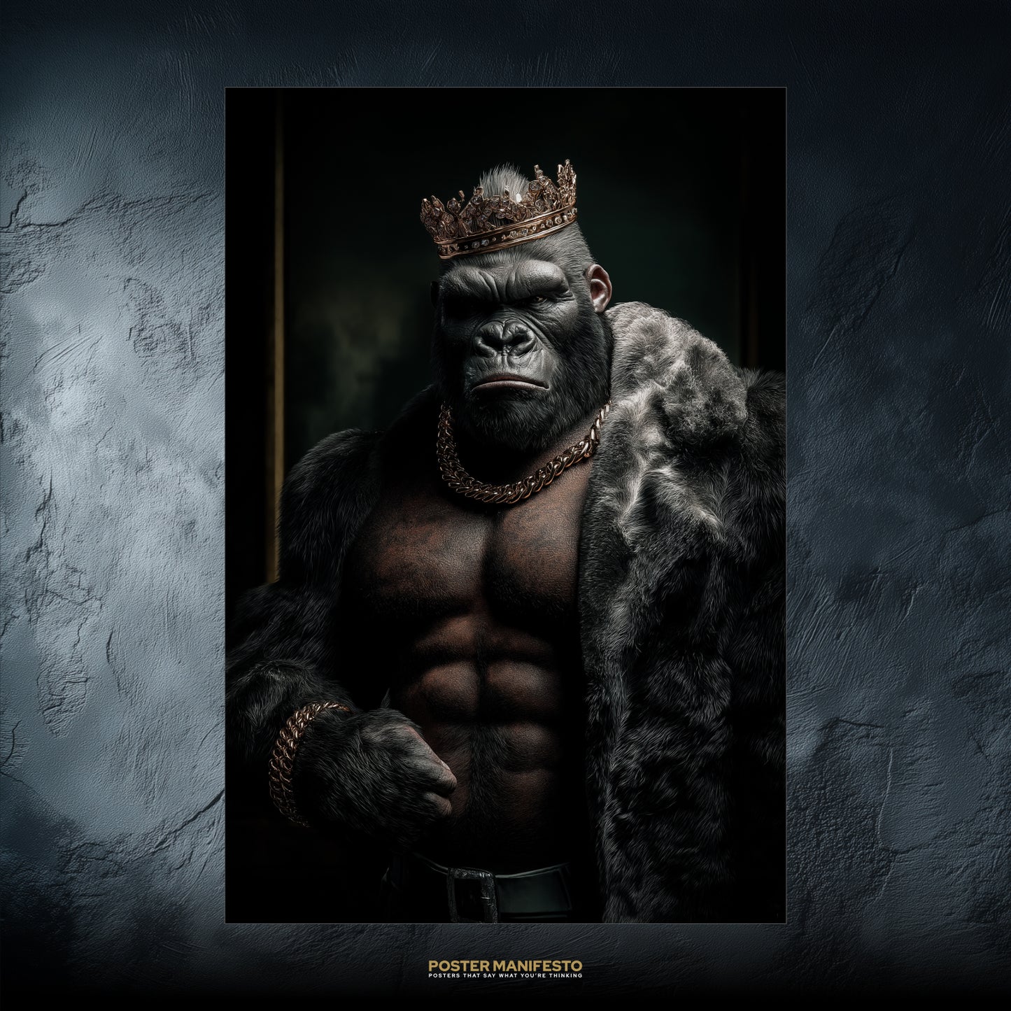 Poster of a gorilla wearing a crown and gold chains, representing hustle, ambition, and financial power.