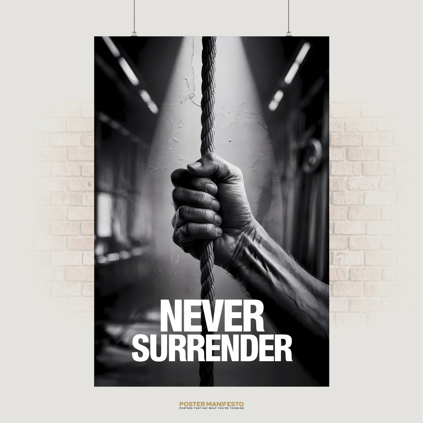 Black and white photo of a hand gripping a rope with the words “Never Surrender”