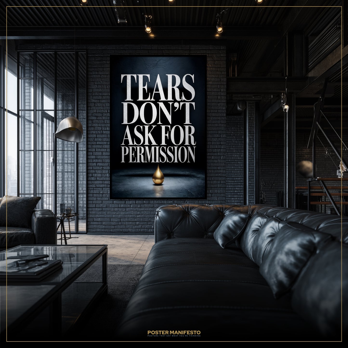 Modern living room with a dark brick wall and a motivational poster.