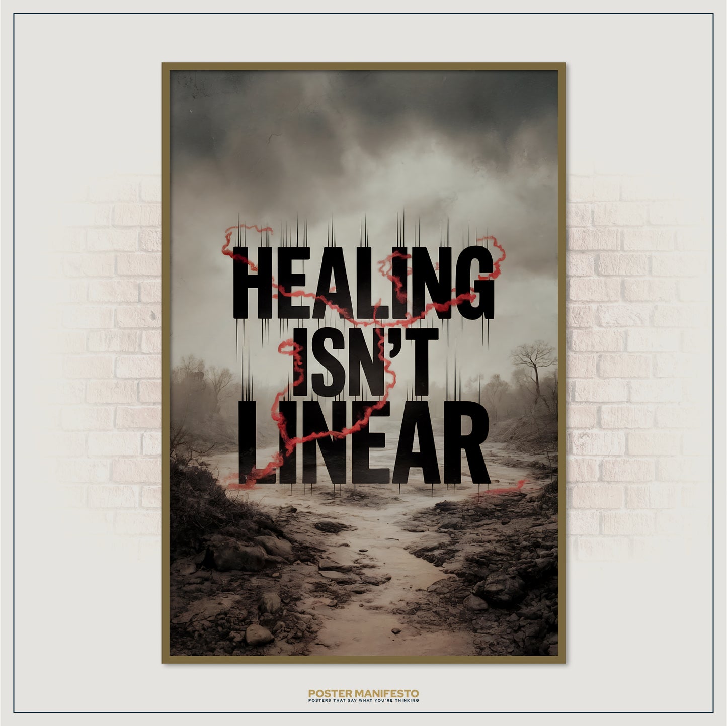 Poster with 'Healing Isn't Linear' text on a landscape background, framed against a brick wall.