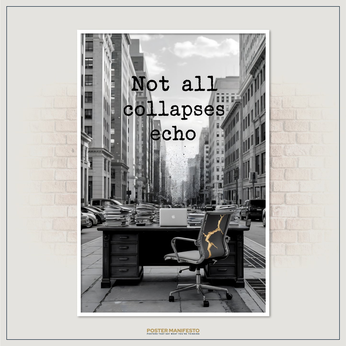Urban burnout scene with desk full of papers and gold-fractured office chair