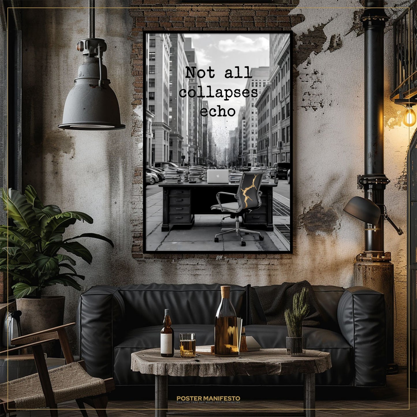 Modern living room with a black leather sofa, wooden coffee table, and framed poster on the wall.