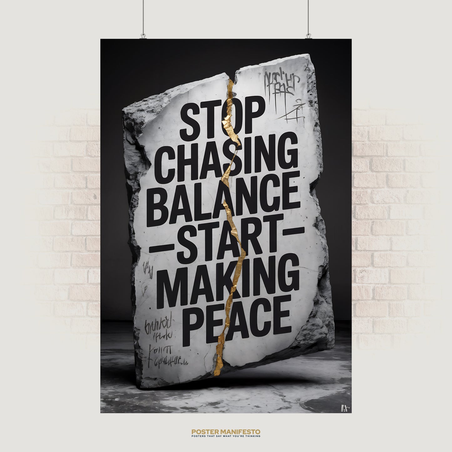 Concrete slab poster with black text “Stop Chasing Balance – Start Making Peace” and gold crack