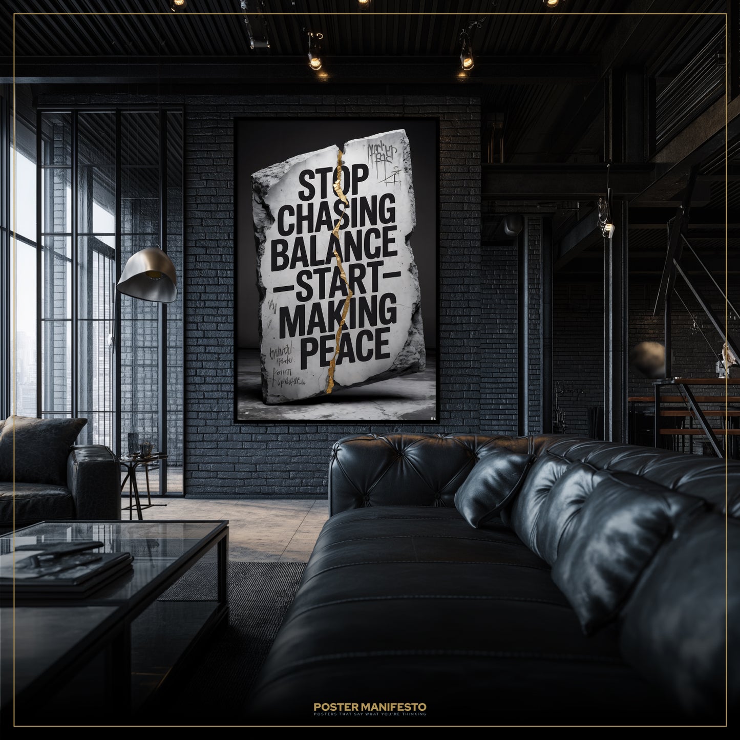 Modern living room with a motivational poster on the wall