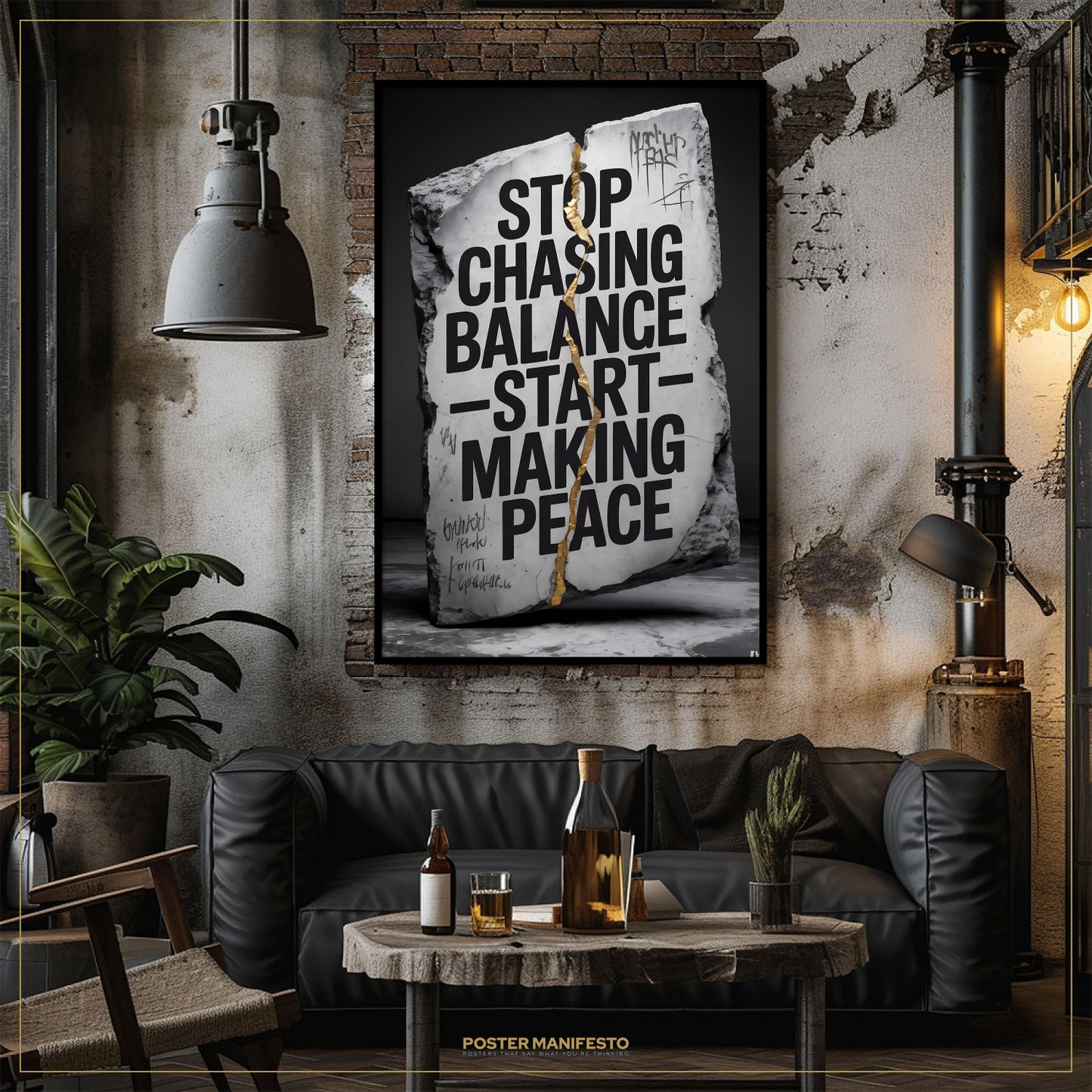 Living room with a framed poster on the wall, a couch, and a coffee table with drinks.