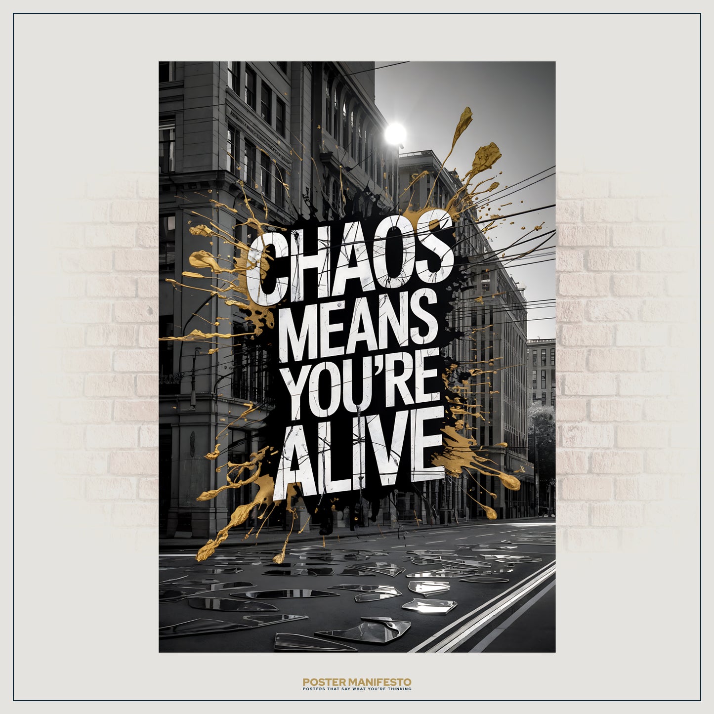 Bold typography over a cityscape with shattered reflections