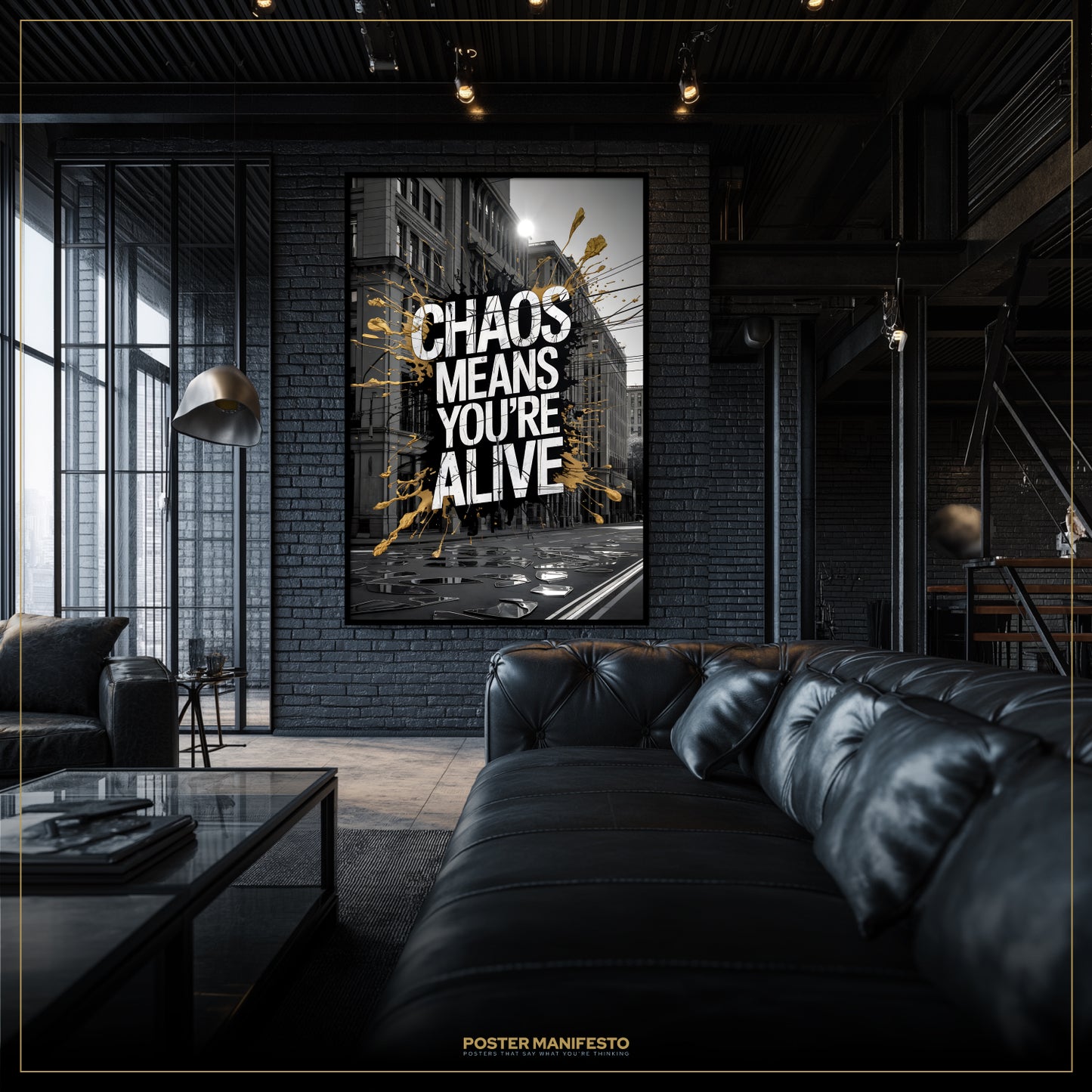 Modern living room with a black leather sofa and a framed poster on the wall.