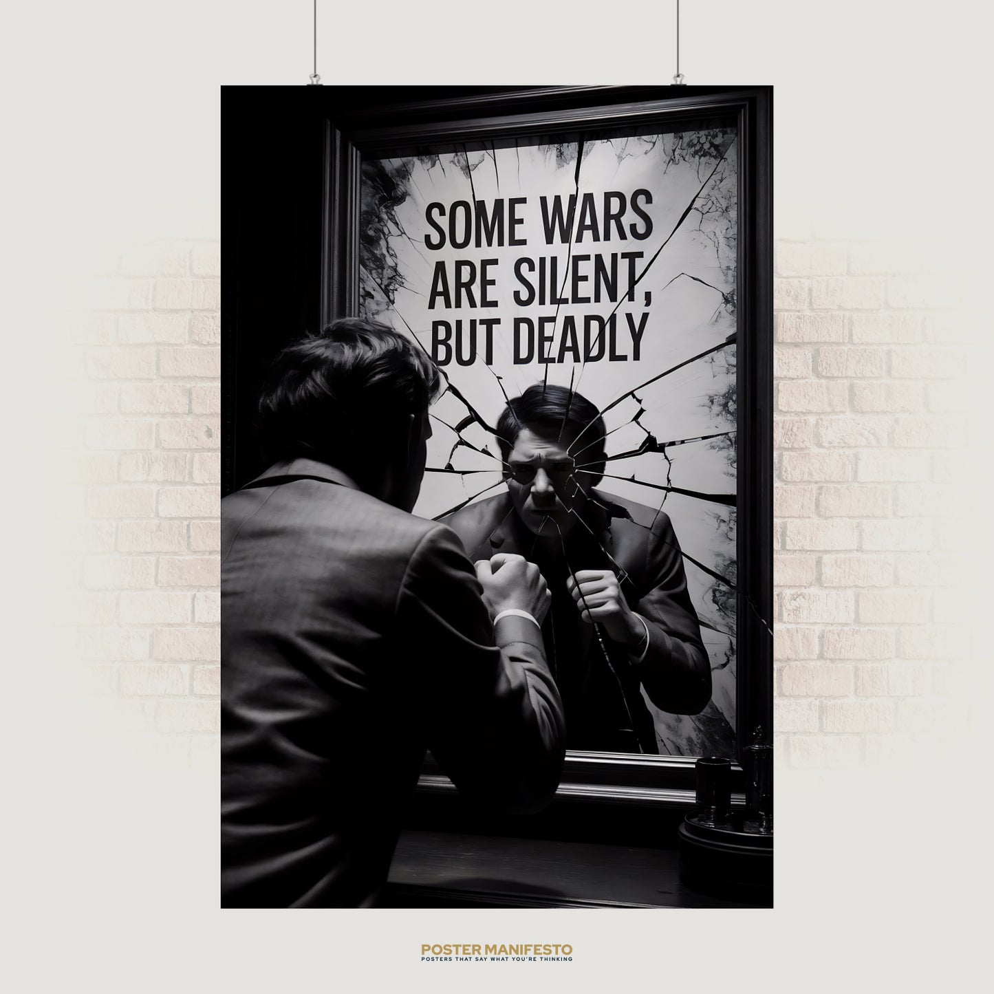 Black-and-white poster featuring a man facing his reflection in a shattered mirror, with bold text reading “Some Wars Are Silent, But Deadly,” symbolizing inner struggles and unseen battles.