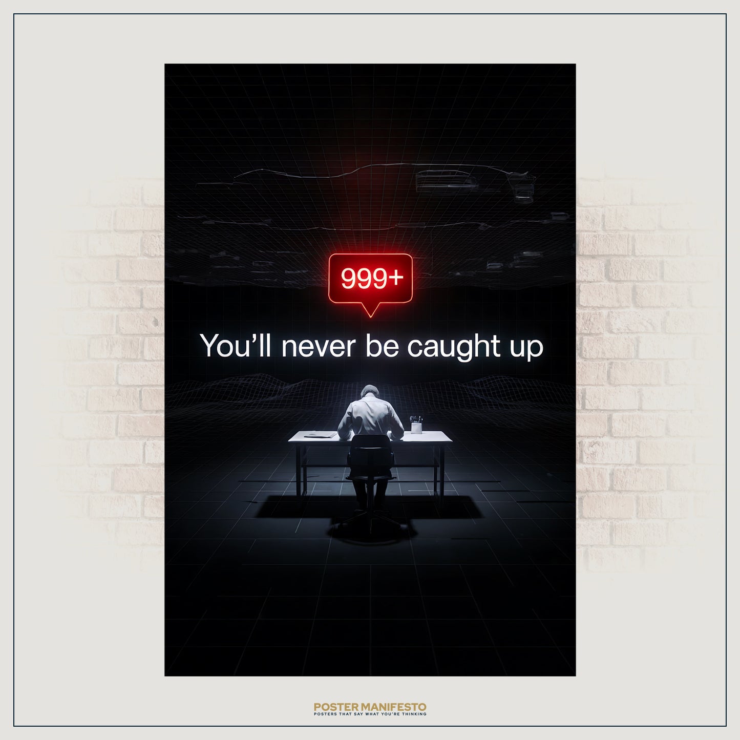 Minimalist digital overload artwork showing a figure working at a table under a red alert bubble, paired with bold white text about never catching up.