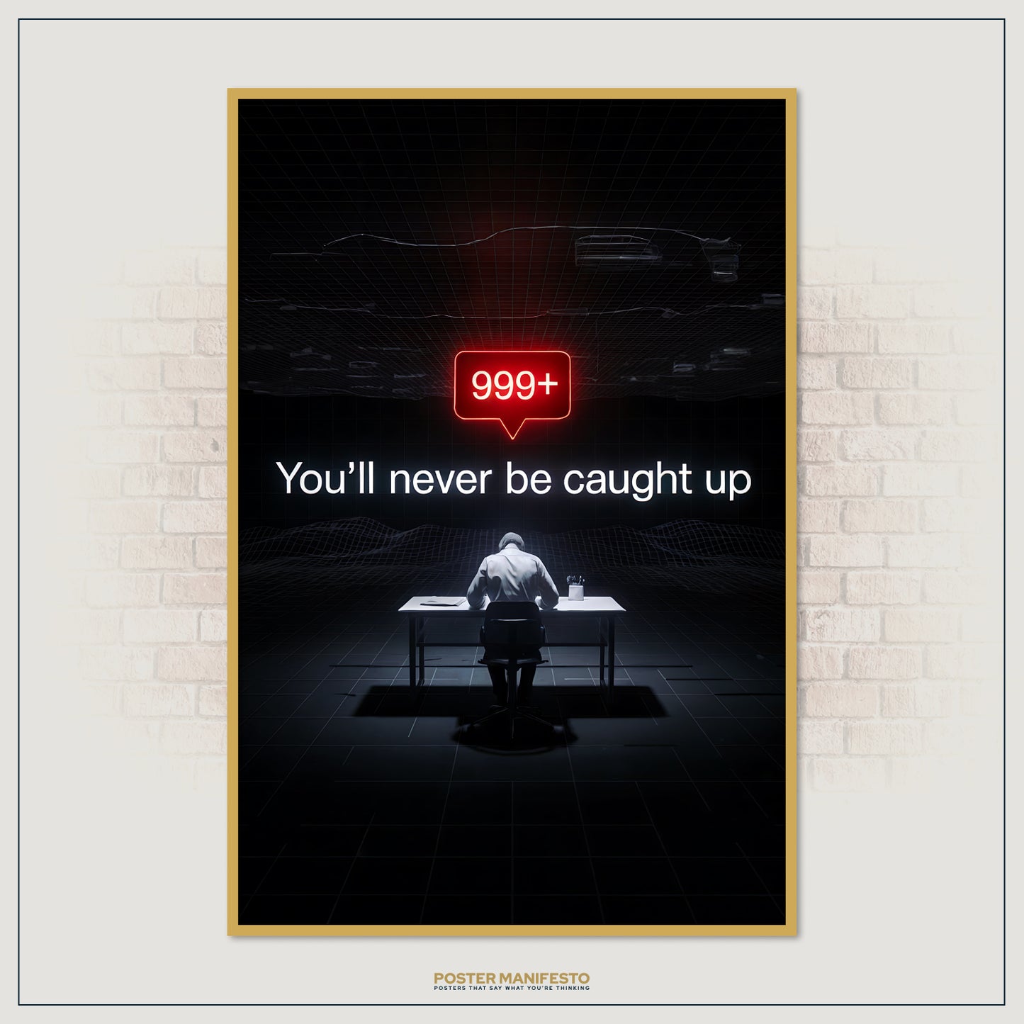 Striking tech-themed wall art depicting a person in a dark virtual space, illuminated by a large notification symbol reading “999+” above a warning phrase.