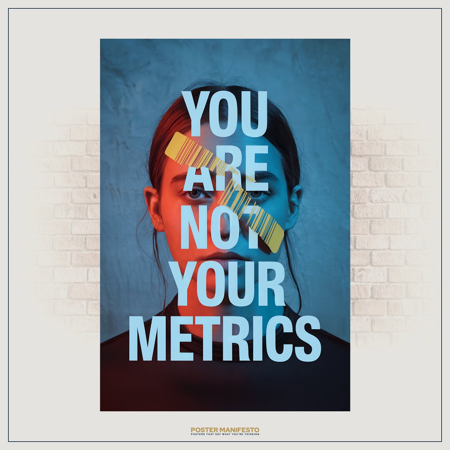 Striking conceptual artwork featuring a portrait split in two colors, overlaid with a barcode and bold typography rejecting identity reduction to numbers.