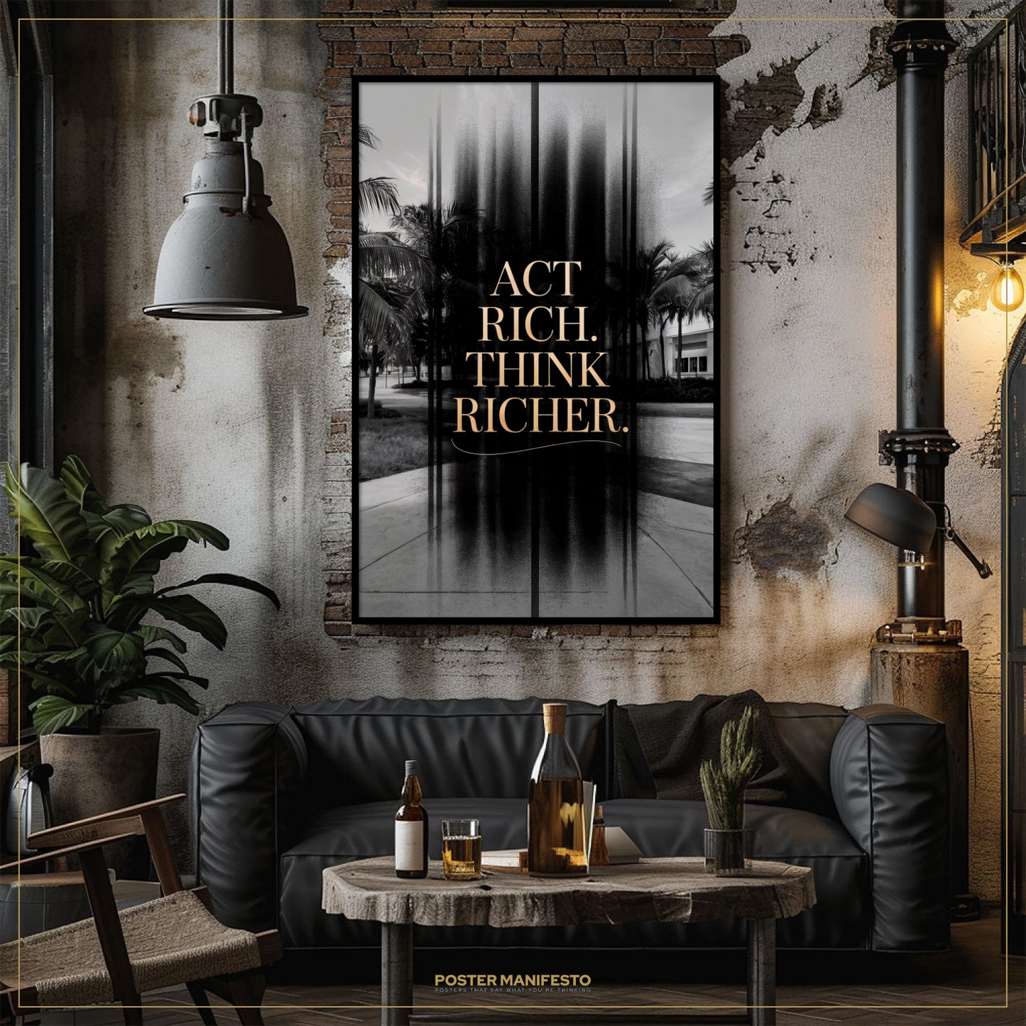 Living room with a black leather sofa, wooden coffee table, and motivational poster on the wall.