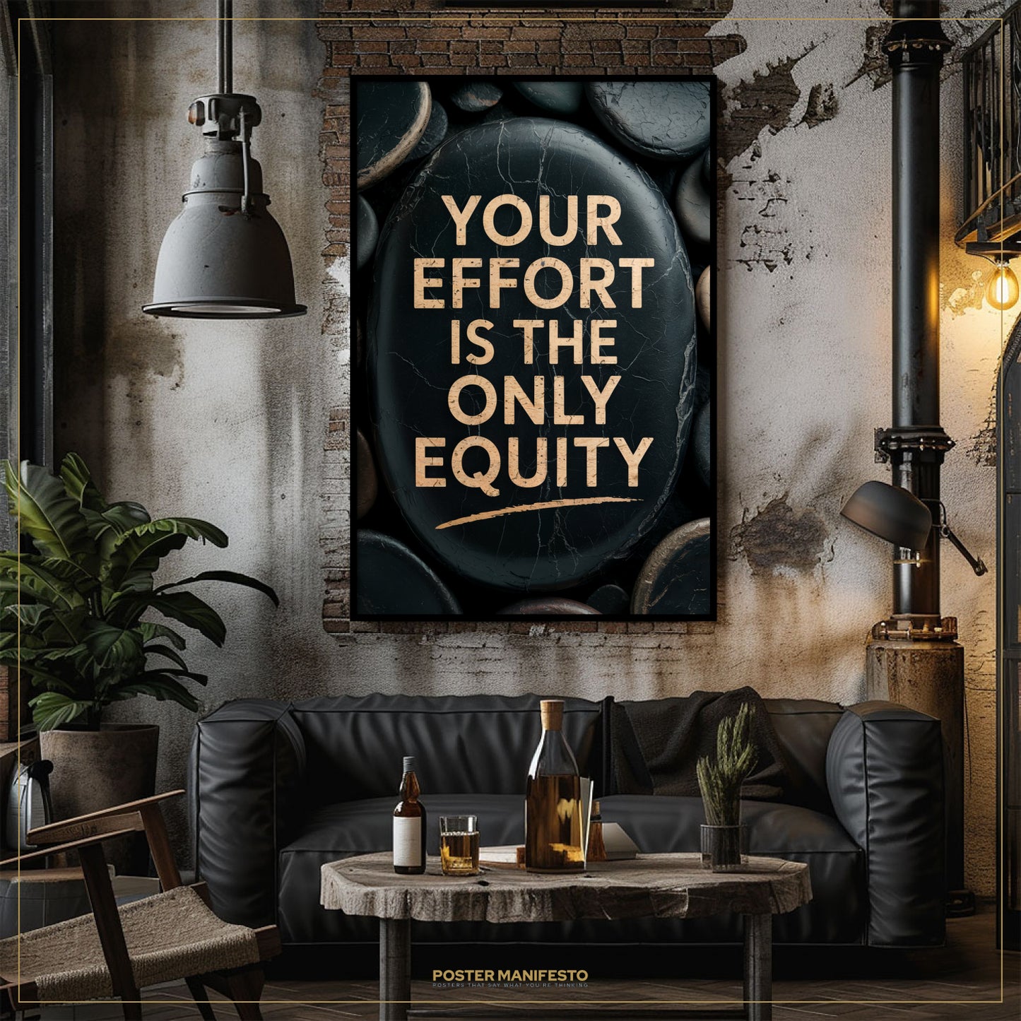 Living room with a motivational poster on the wall, a couch, and a coffee table with drinks.
