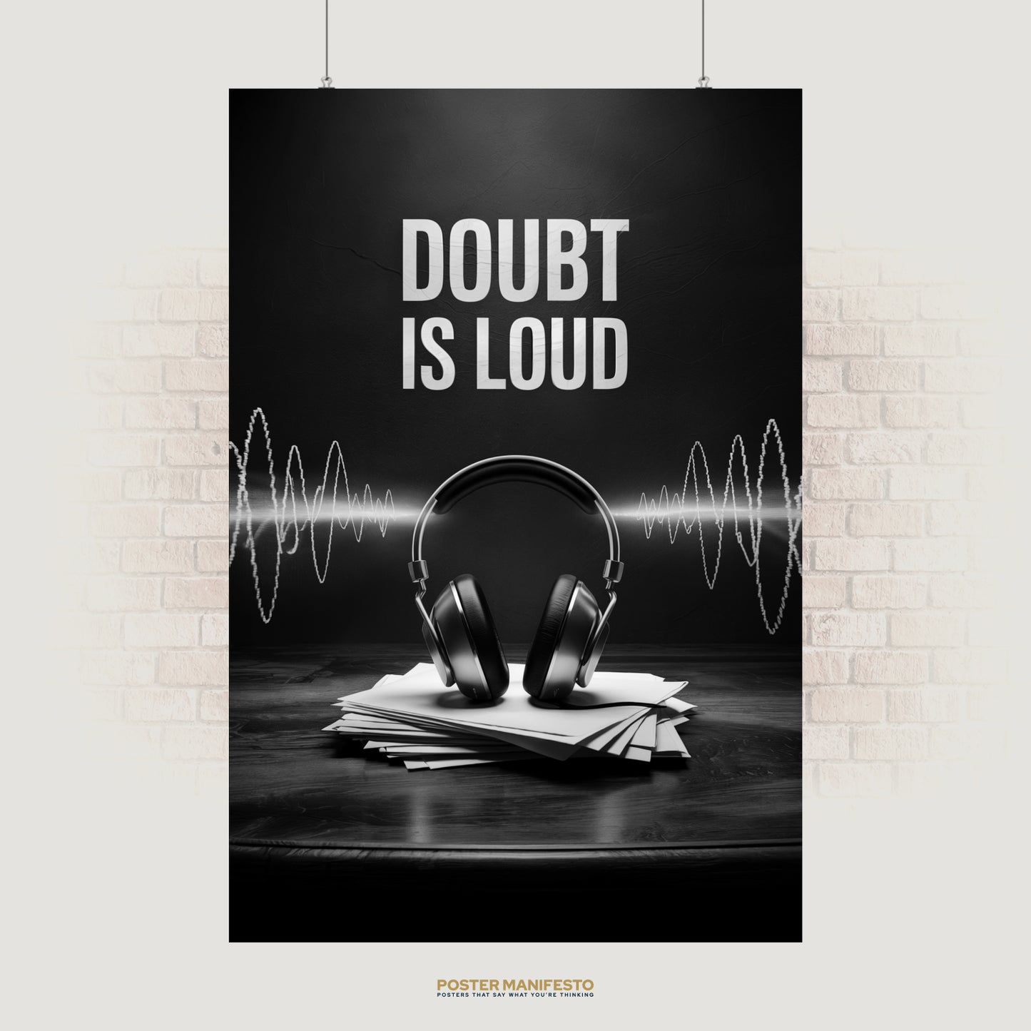 Motivational black and white poster featuring the quote “Doubt Is Loud” with soundwave graphics and headphones, symbolizing the noise of hesitation in contrast with focus.