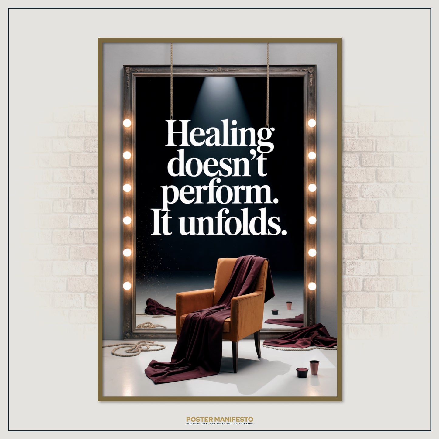 Thoughtful motivational decor featuring bold typography, spotlight design, and symbolic imagery, ideal for spaces focusing on self-growth, therapy, or personal reflection.