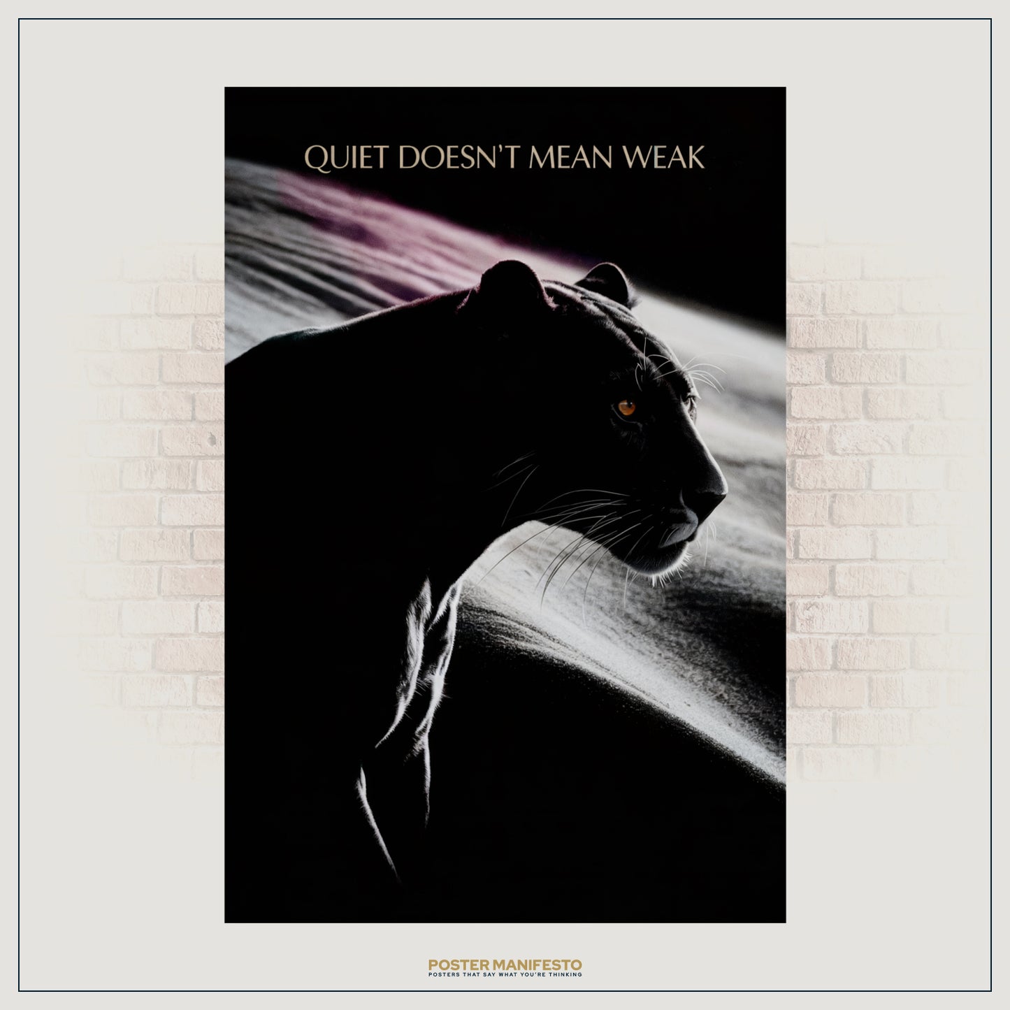 Inspirational wall art featuring the silhouette of a panther with glowing amber eyes, embodying resilience, focus, and inner power.