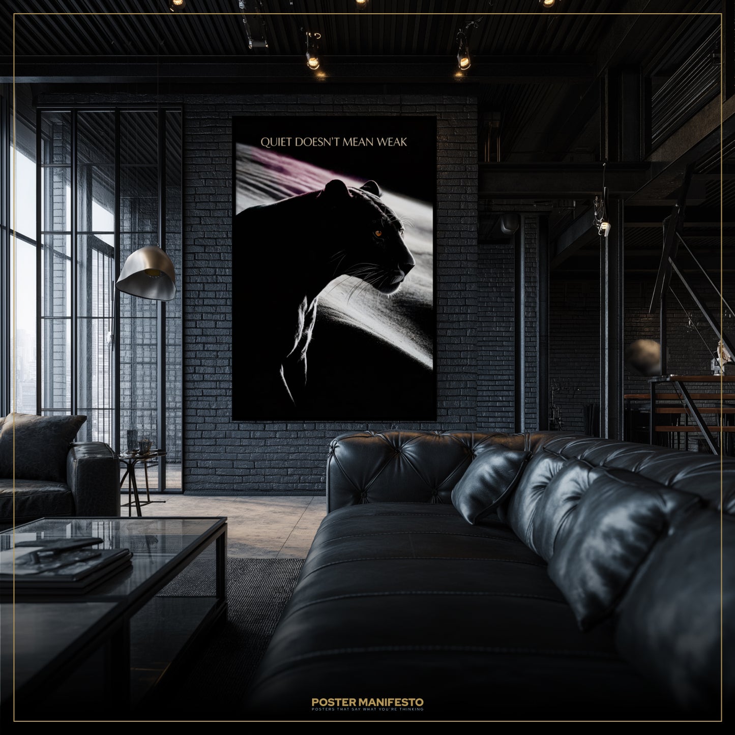 Modern living room with a black leather sofa and a large framed poster on the wall.