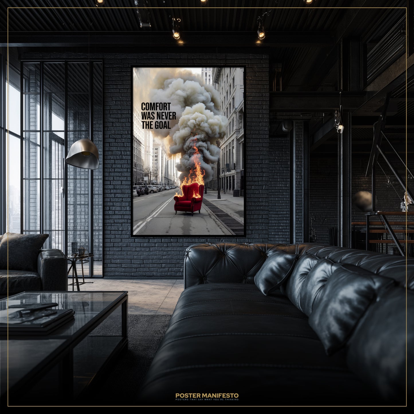Modern living room with a black leather sofa and a large framed poster on the wall.