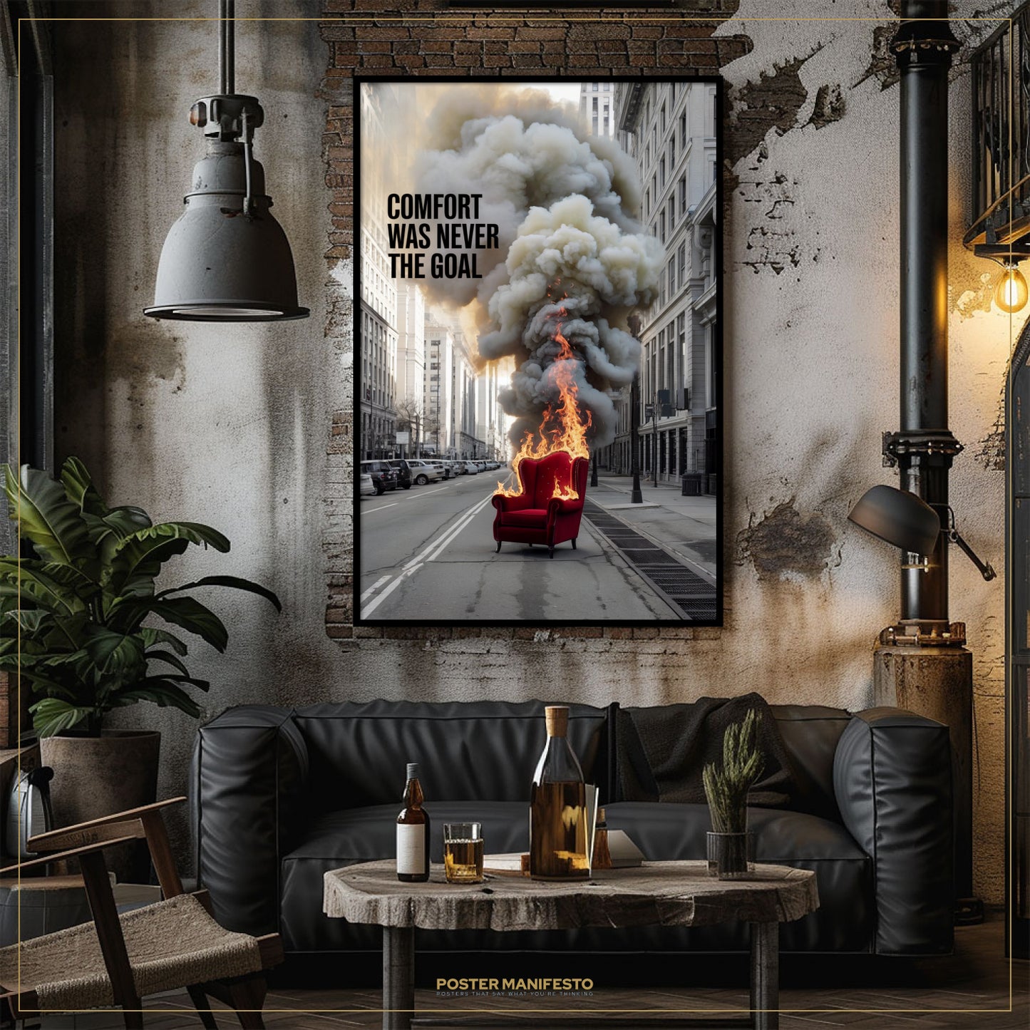 Modern living room with a black leather sofa, wooden coffee table, and a large framed poster on the wall.