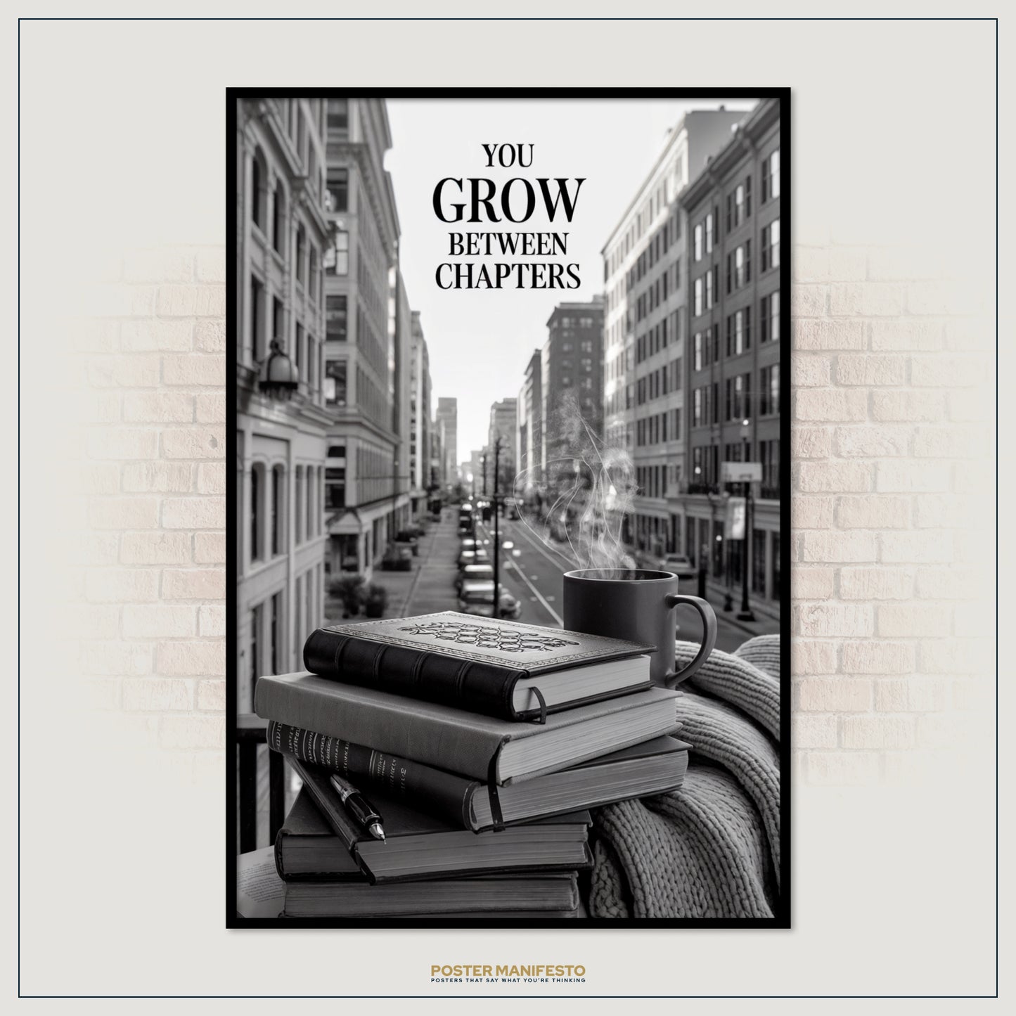 Growth mindset poster blending books, coffee, and urban lifestyle.