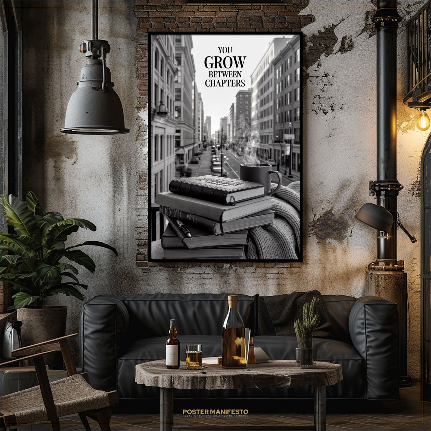 Modern living room with a black leather sofa, wooden coffee table, and framed poster on the wall.