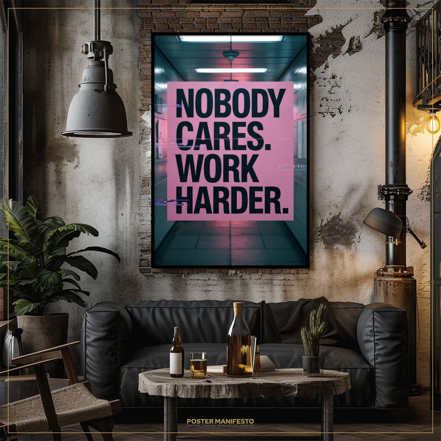 Modern living room with a motivational poster on the wall, a black sofa, and a small table with drinks.