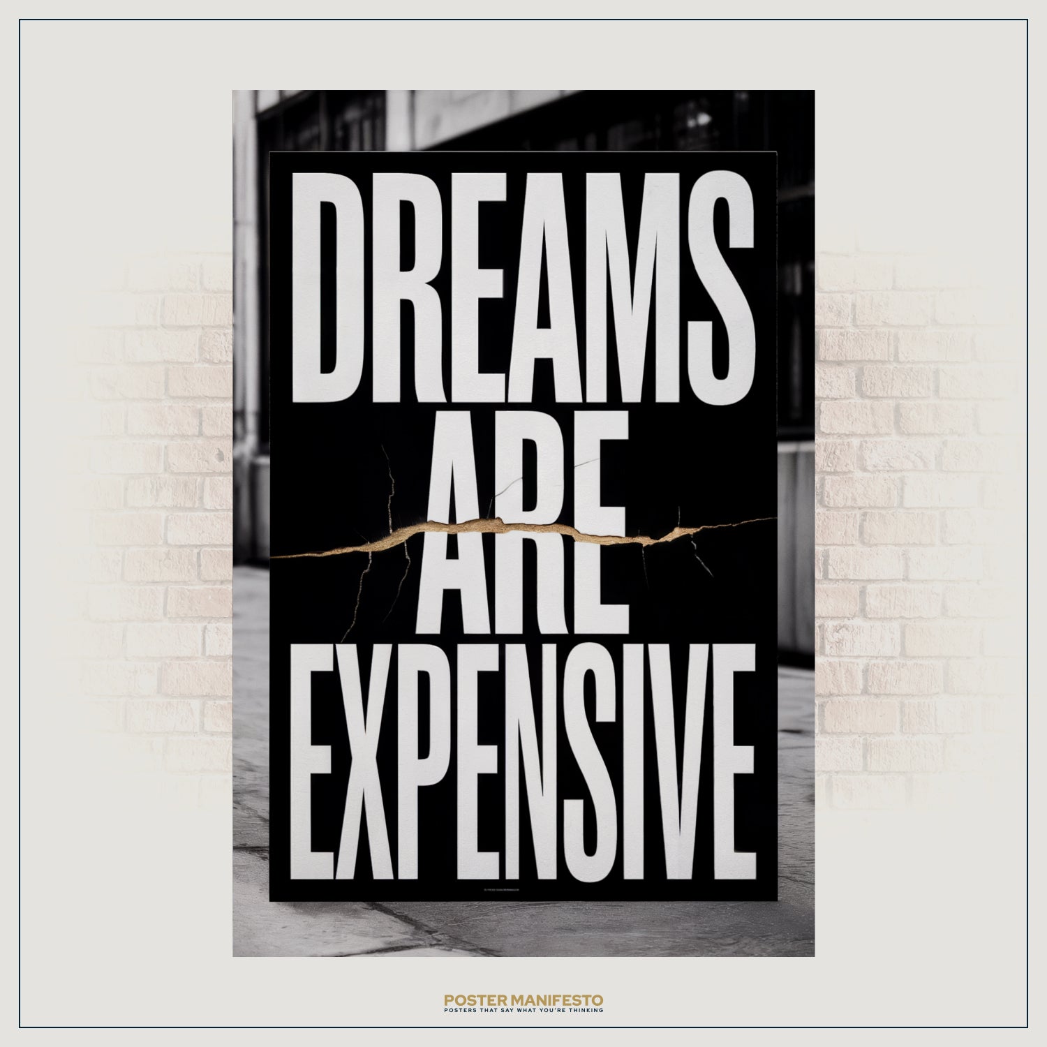 Minimalist black-and-white motivational wall art with gold fracture detail