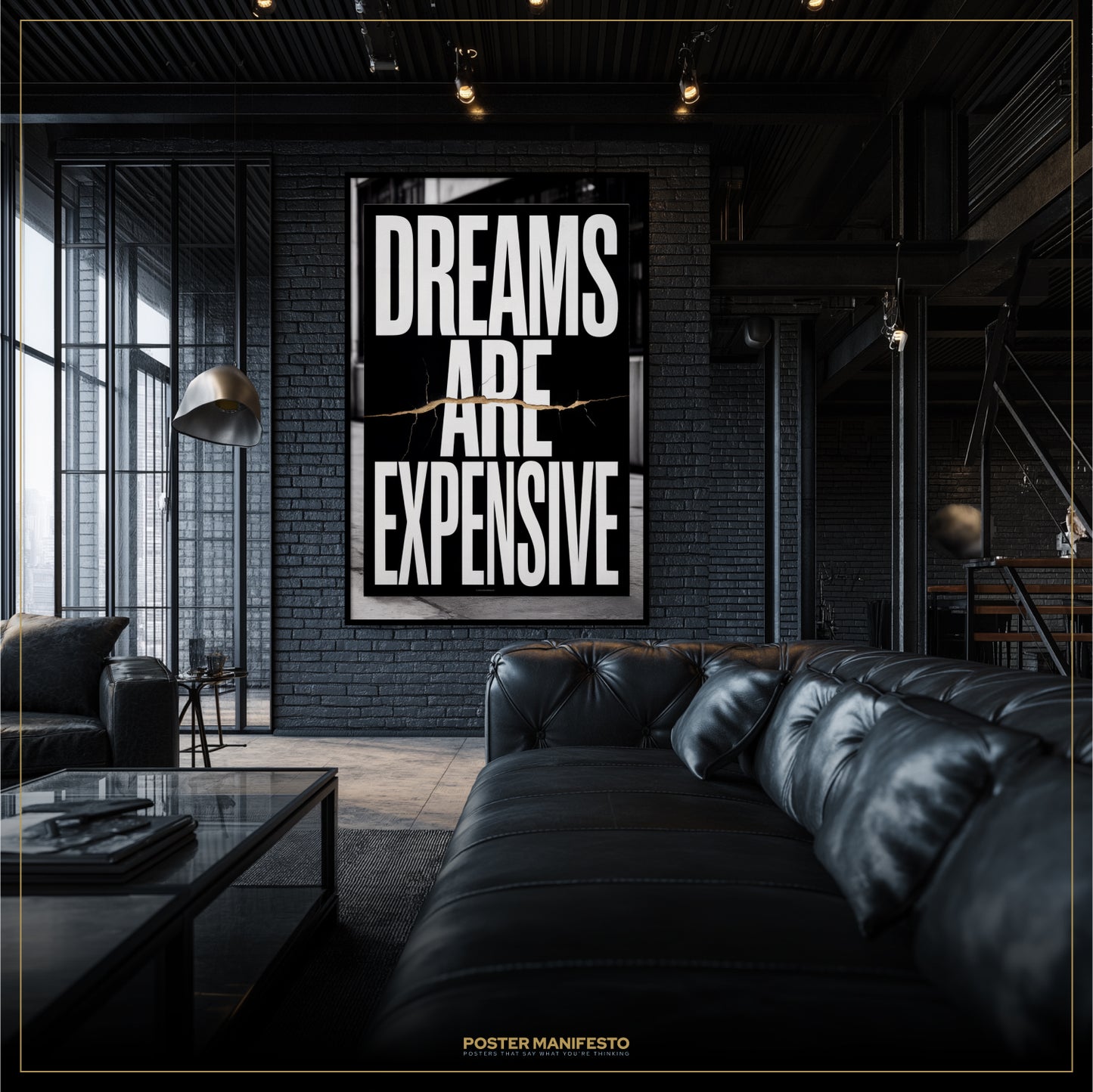 Modern living room with a black leather sofa and a motivational poster on the wall.