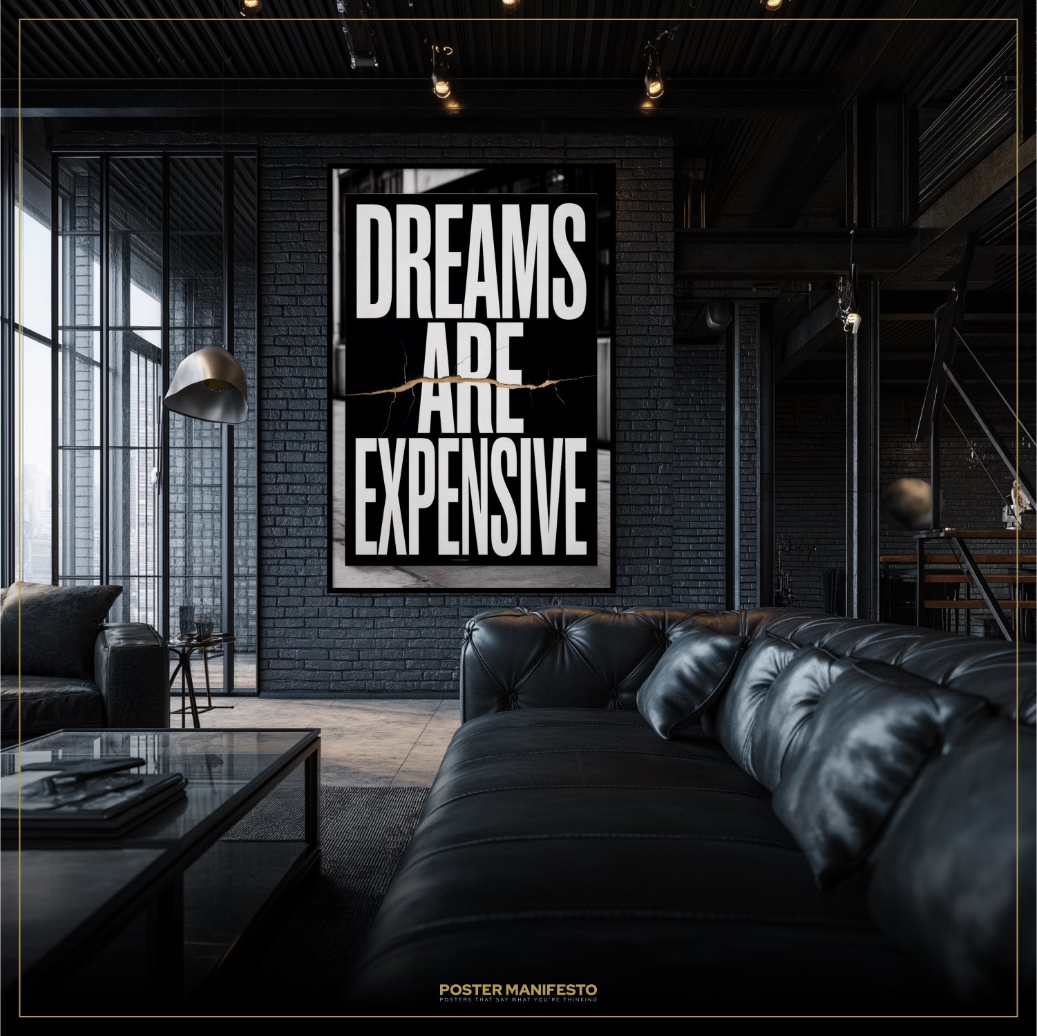Modern living room with a black leather sofa and a motivational poster on the wall.
