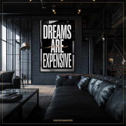 Modern living room with a black leather sofa and a motivational poster on the wall.