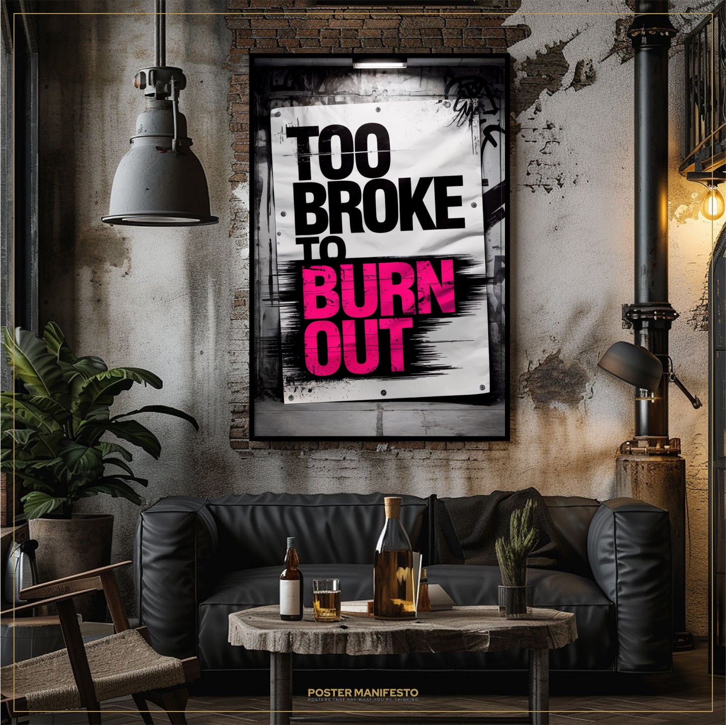 Modern living room with a black sofa, wooden coffee table, and 'Too Broke to Burn Out' poster.