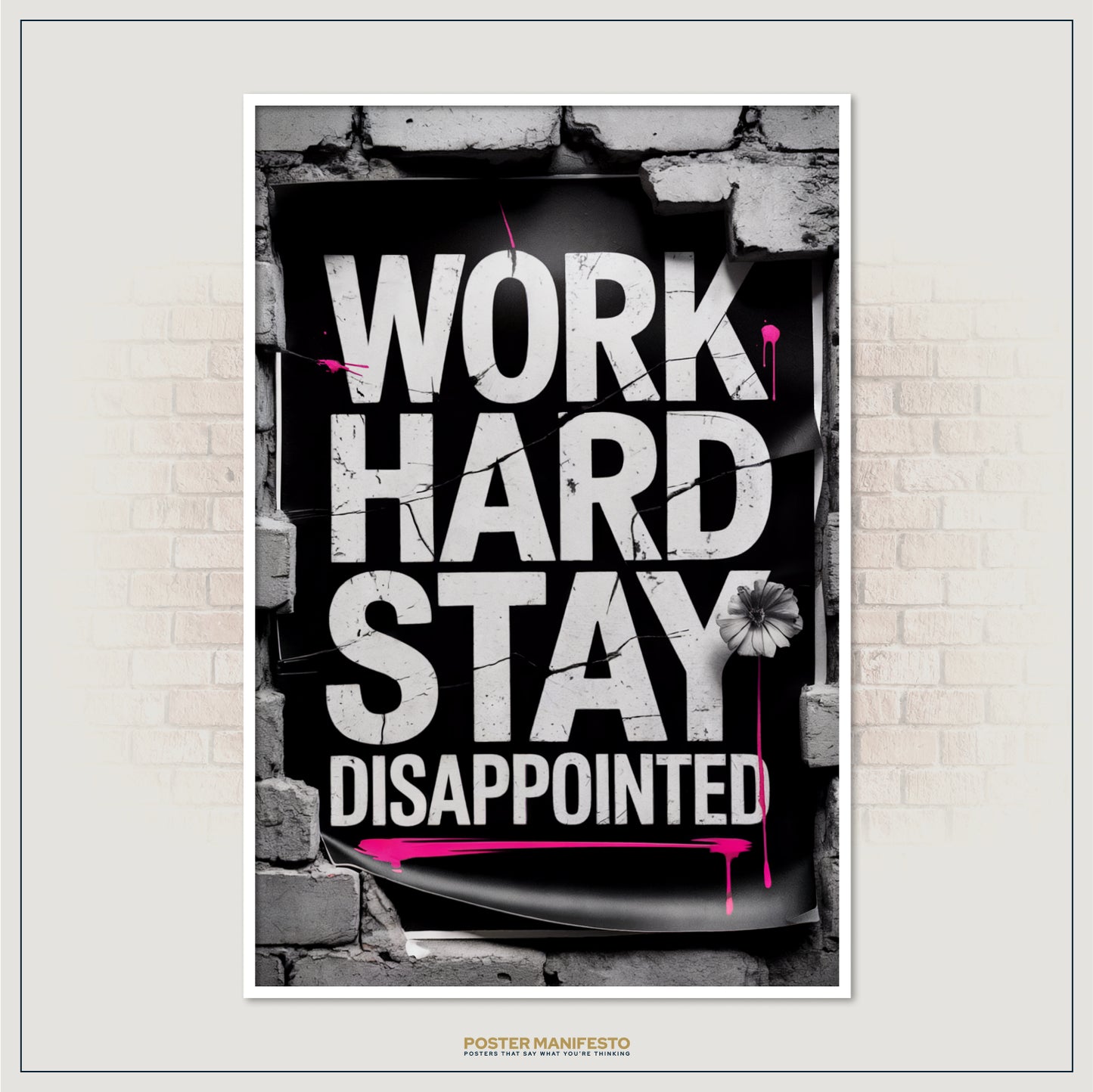 Anti-motivation poster with cracked black background, grey flower, and bold street style font
