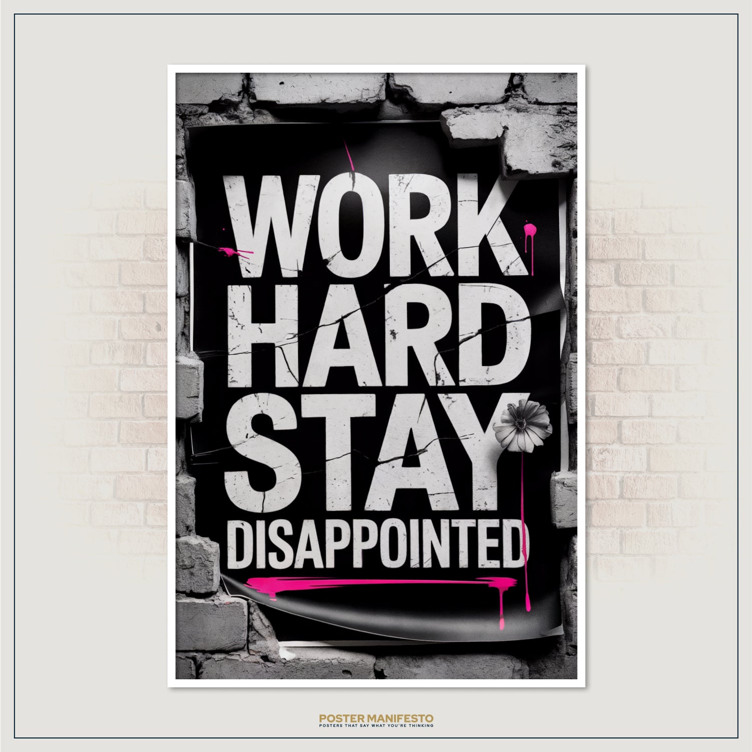 Anti-motivation poster with cracked black background, grey flower, and bold street style font
