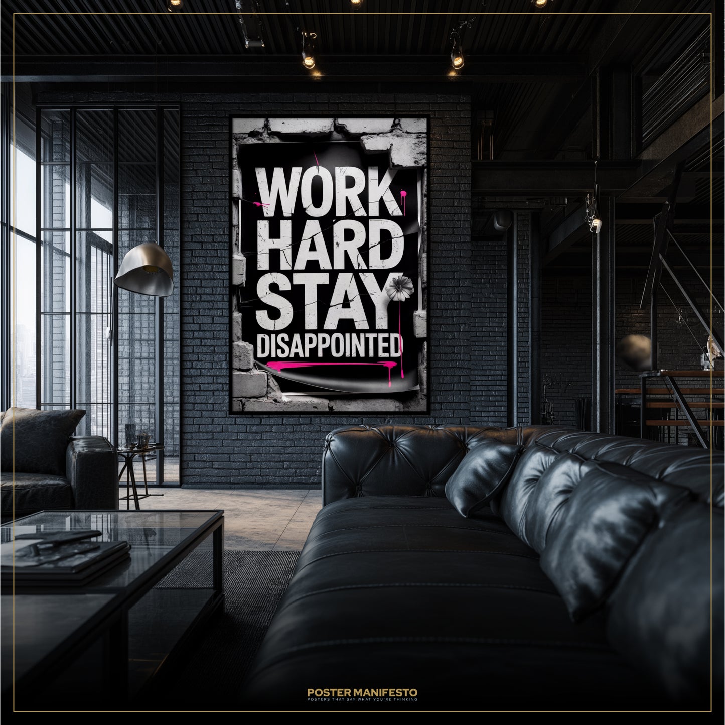 Modern living room with a motivational poster on the wall.