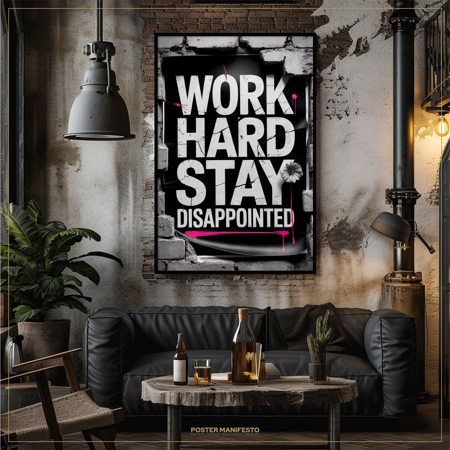 Living room with a motivational poster on the wall, a couch, and a coffee table.