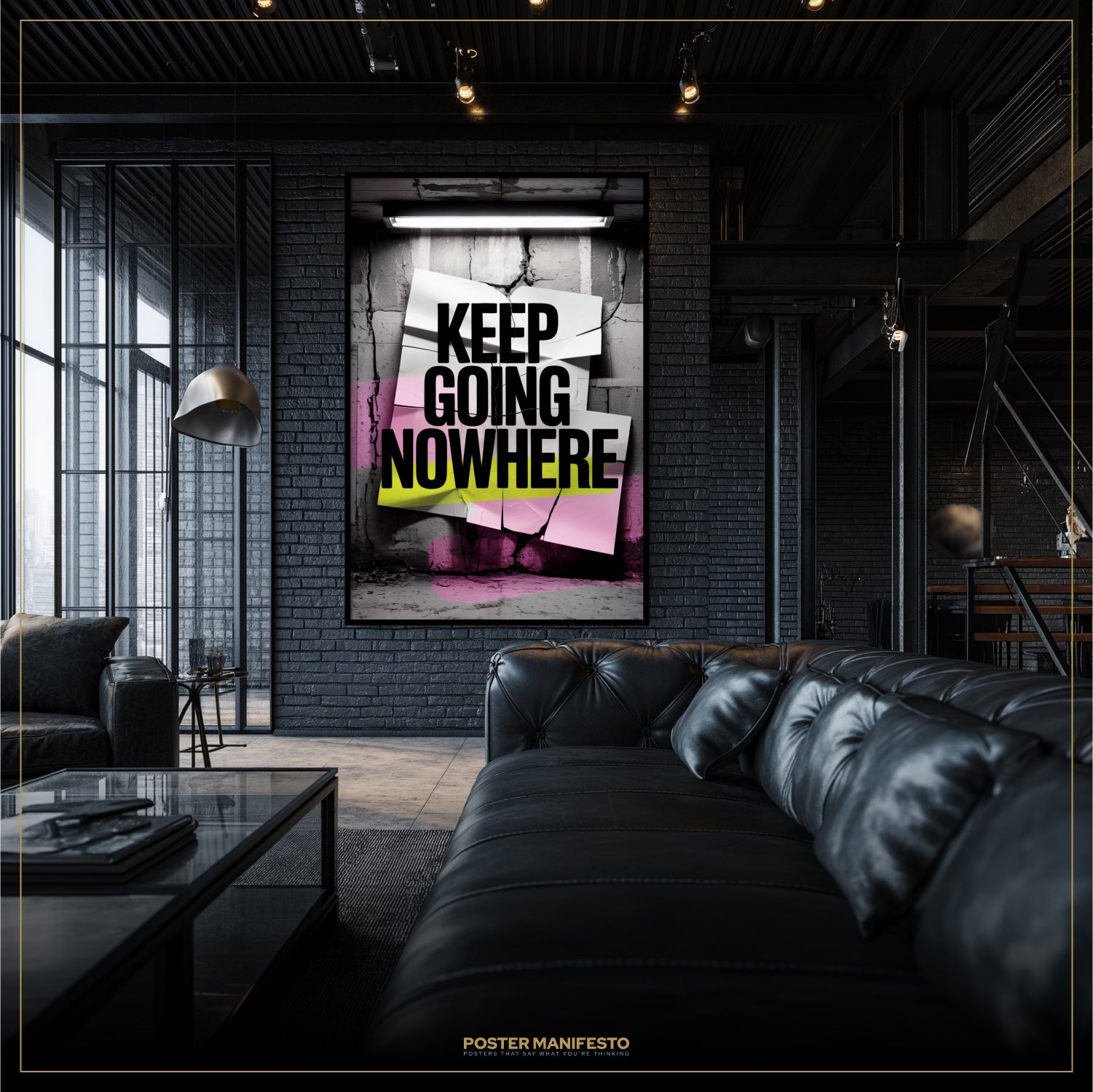 Modern living room with a black leather sofa and a motivational poster on the wall.
