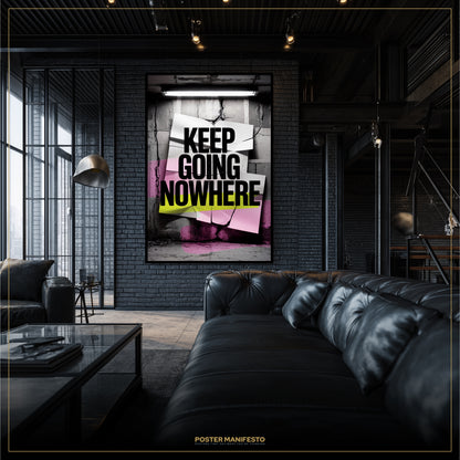 Modern living room with a black leather sofa and a motivational poster on the wall.