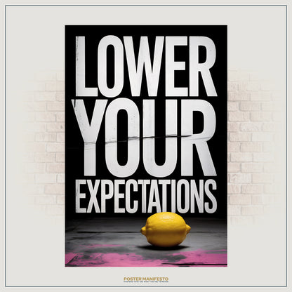 Minimalist sarcastic wall art featuring white text and a lemon accent