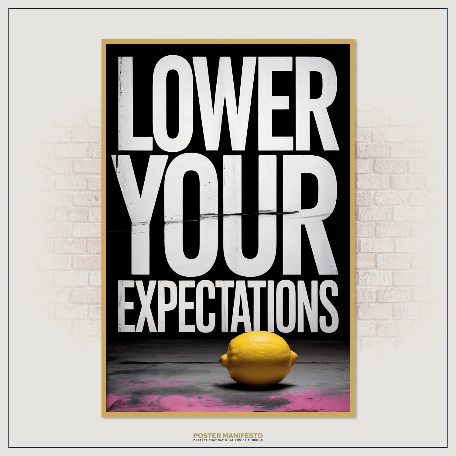 Anti-motivation poster with bold white letters, black backdrop, and pink highlight